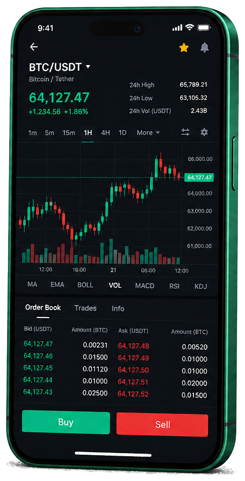 Piattaforma Pheira Voltreksc su dispositivi mobili — grafico BTC/USDT live, book ordini e pannello acquisti/vendite